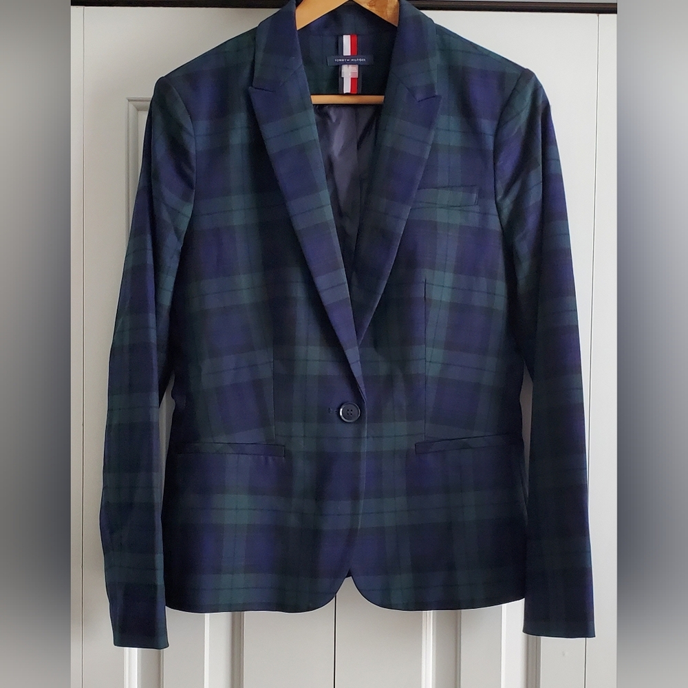Tommy Hilfiger Blackwatch Tartan Plaid Slim Fit One Button Single Breast Blazer